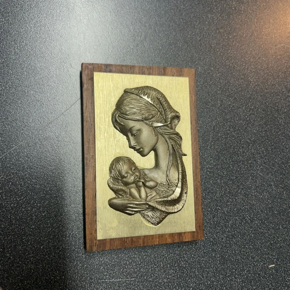 Vintage Virgin Mary Jesus Teak sterling silver dimensional picture and frame MCM